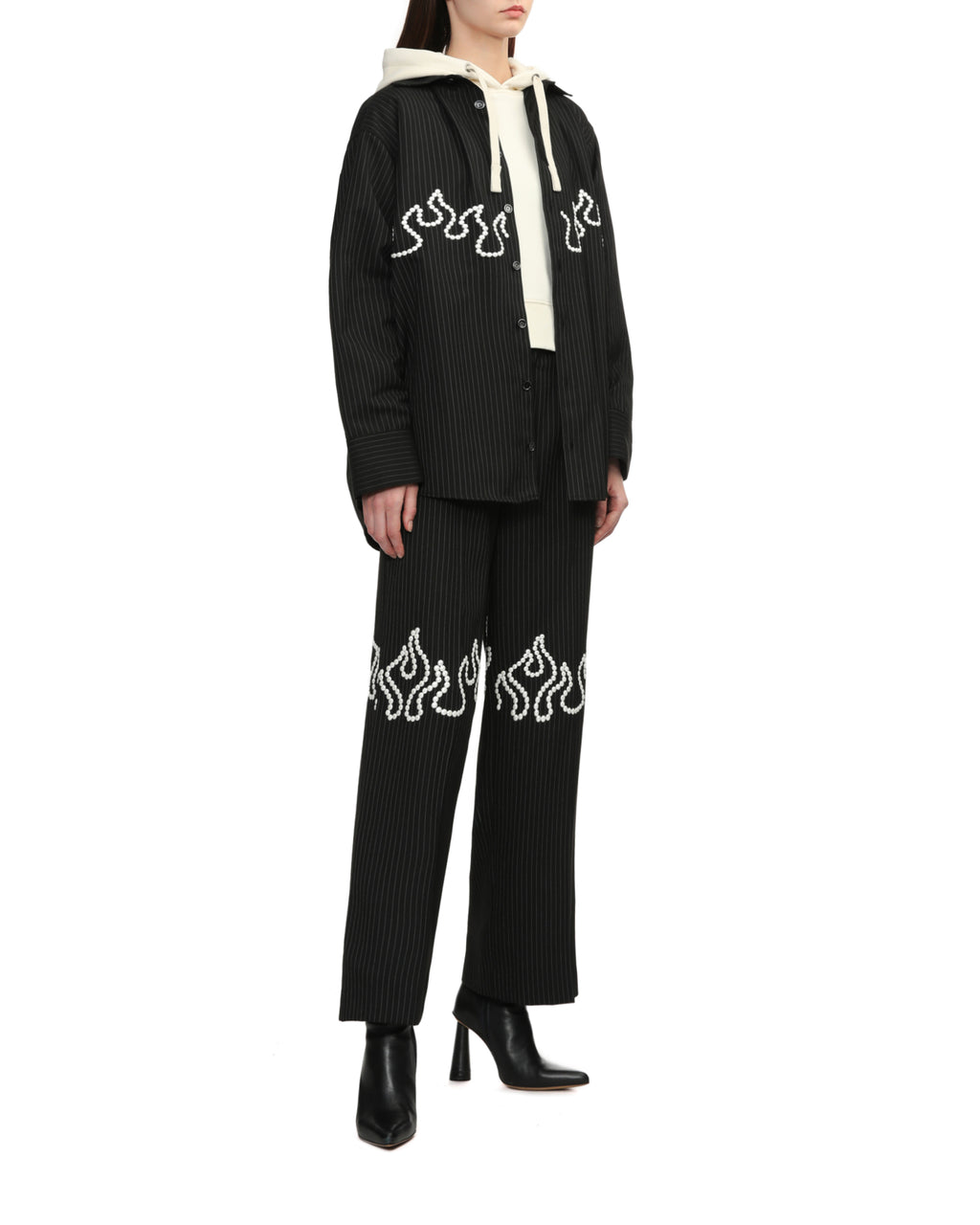 Flame embroidered pinstripe pants
