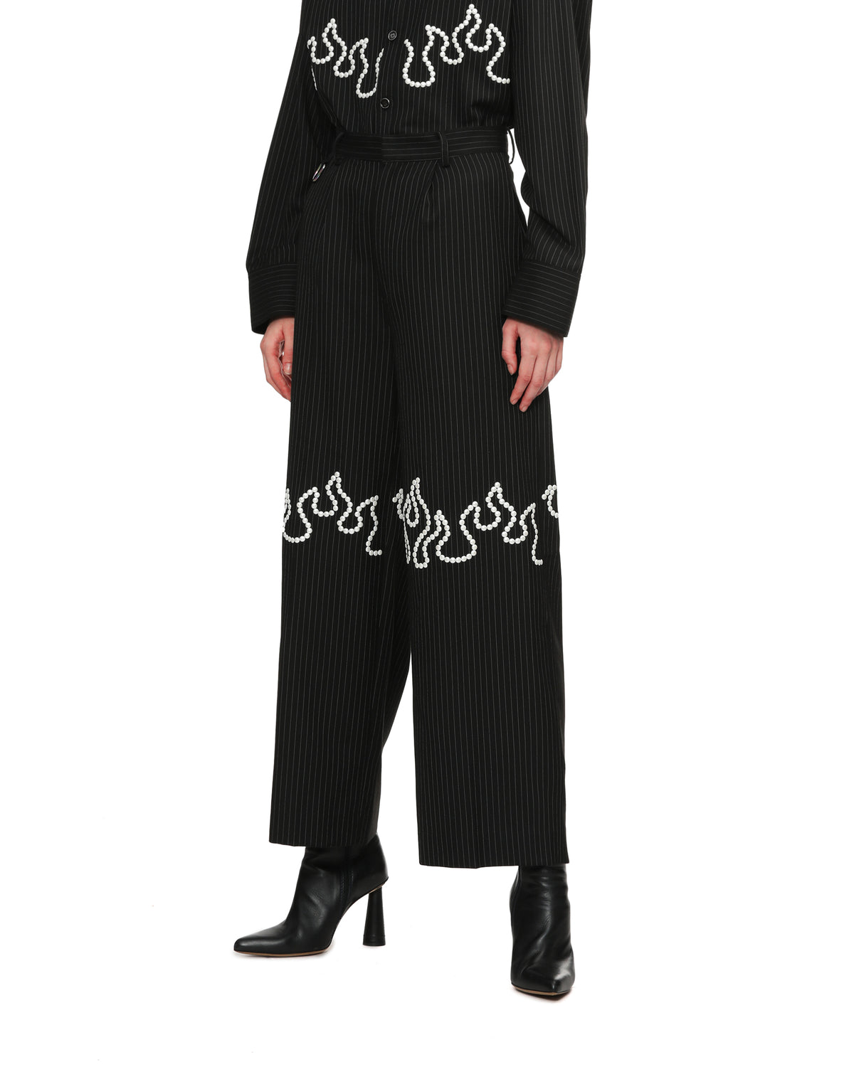 Flame embroidered pinstripe pants