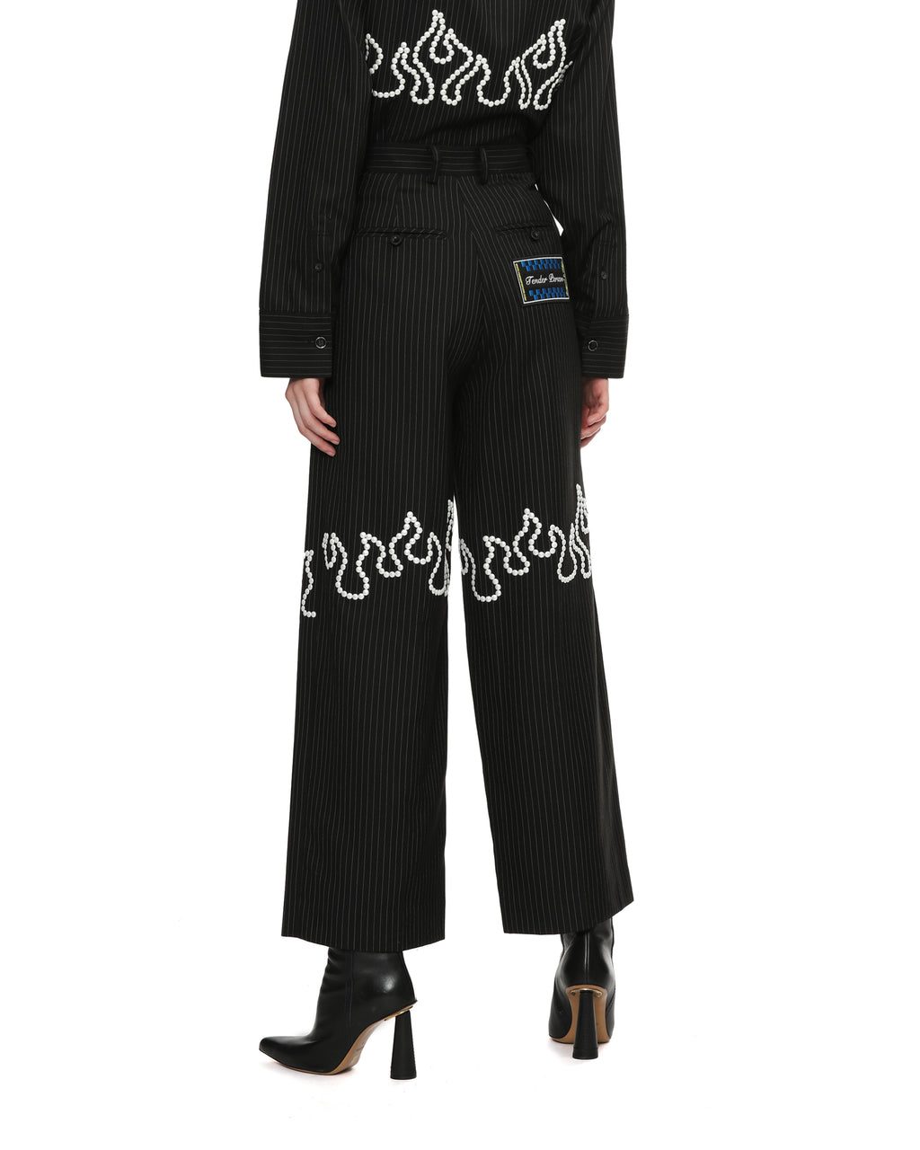 Flame embroidered pinstripe pants