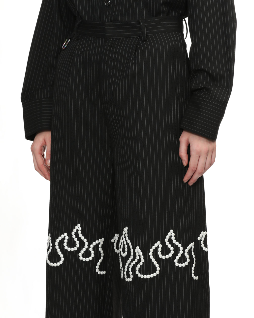 Flame embroidered pinstripe pants