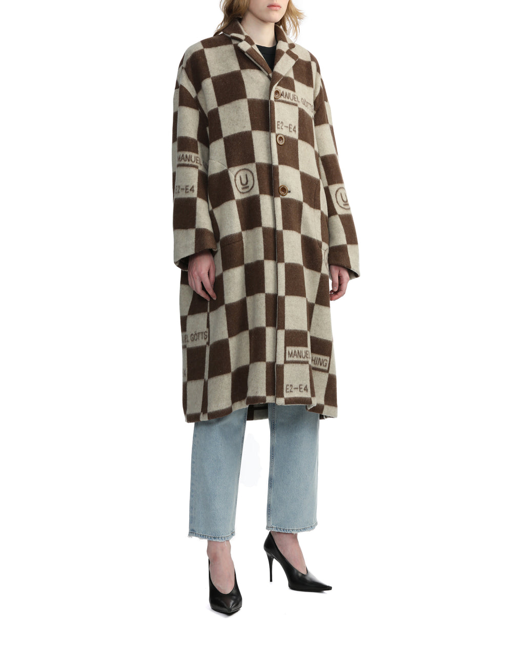 Printed check cashmere coat