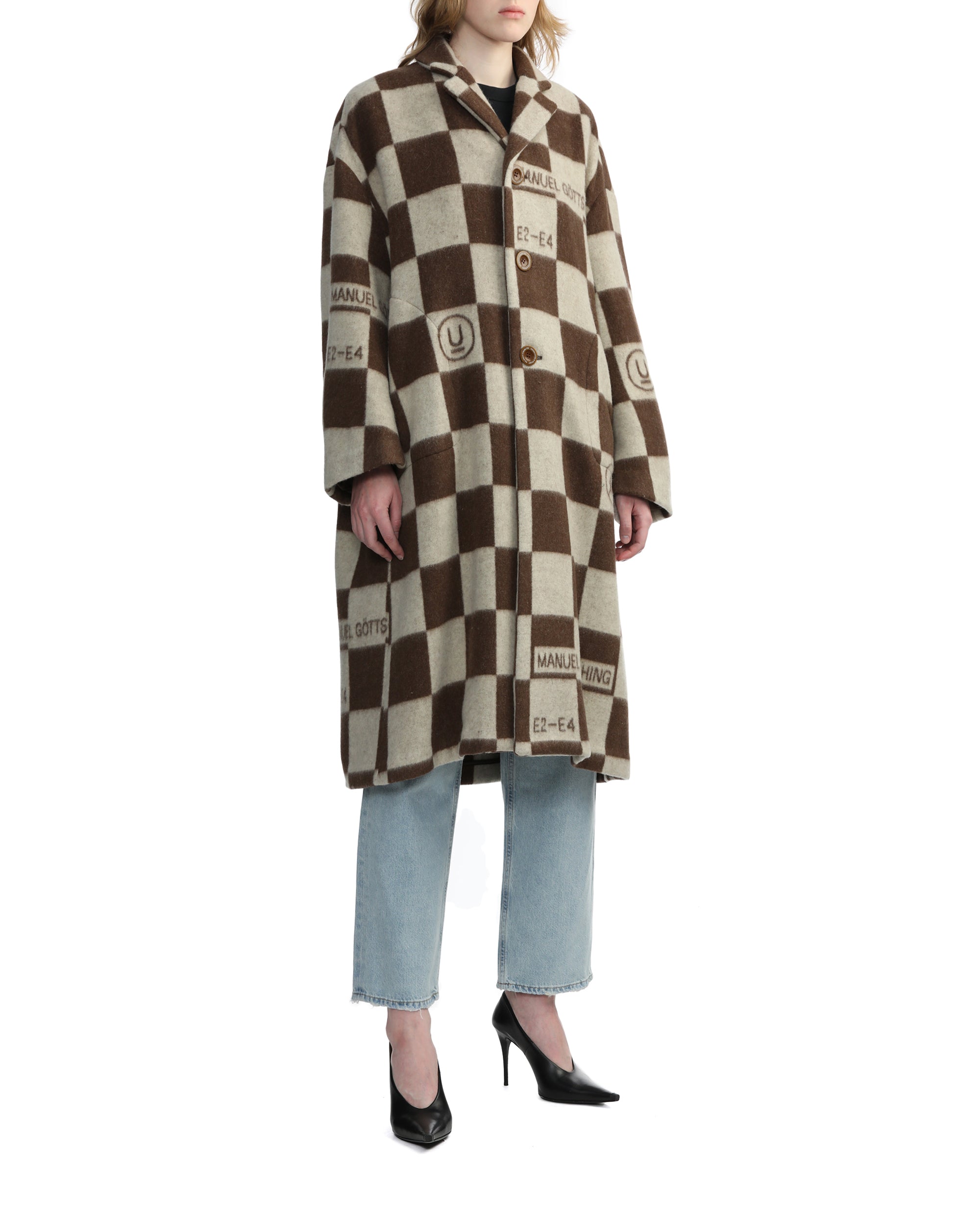 Printed check cashmere coat