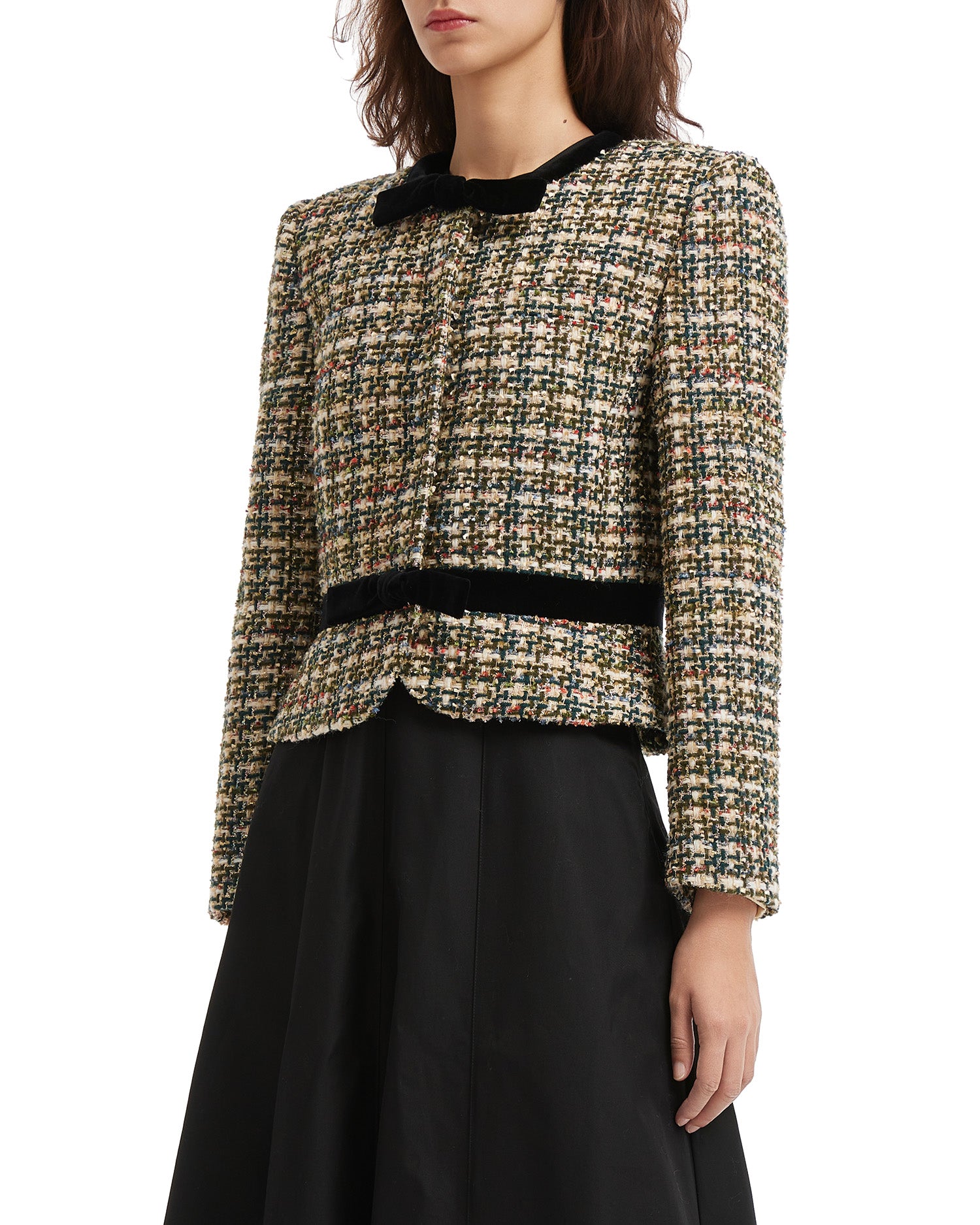 Velvet-trimmed lamé tweed jacket