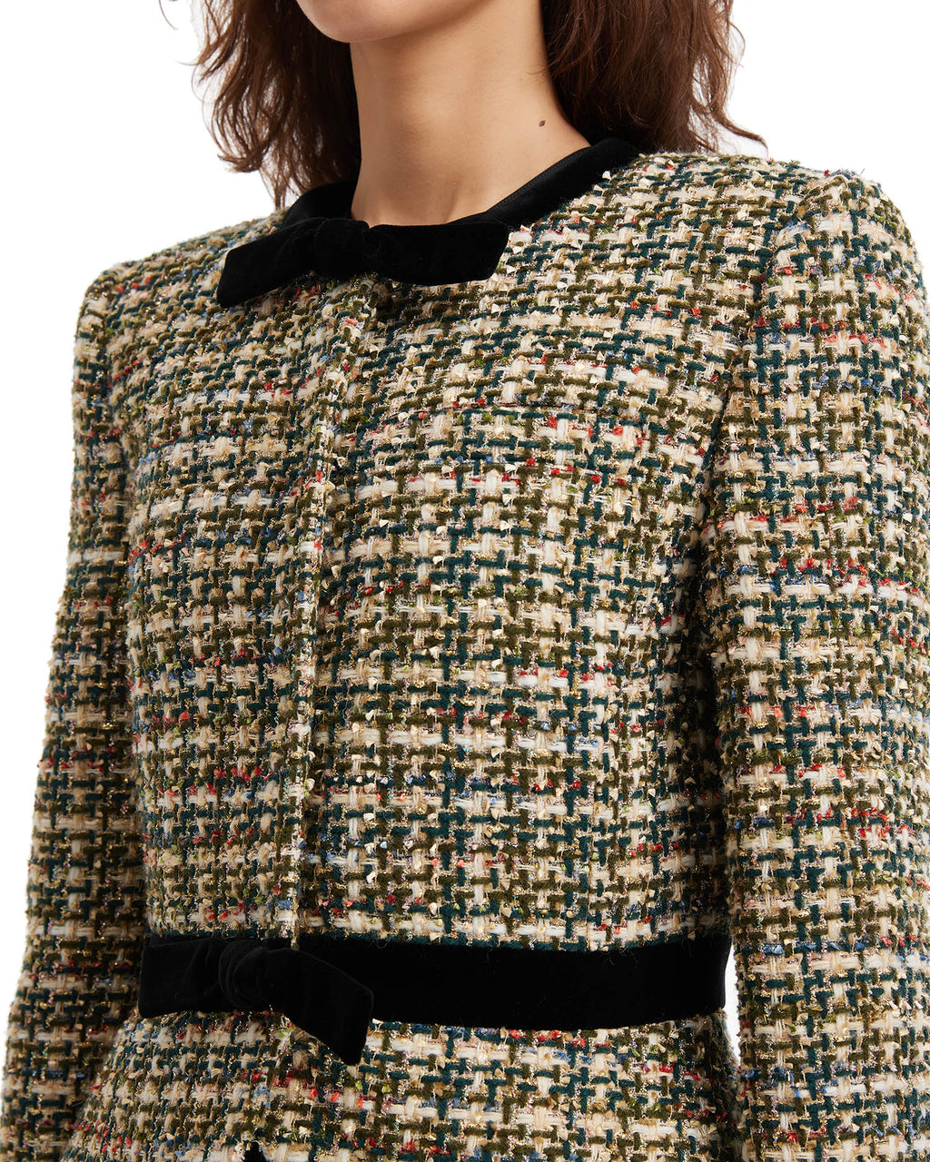Velvet-trimmed lamé tweed jacket