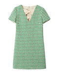Houndstooth print bow neck dress