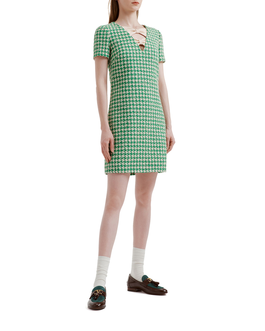 Houndstooth print bow neck dress