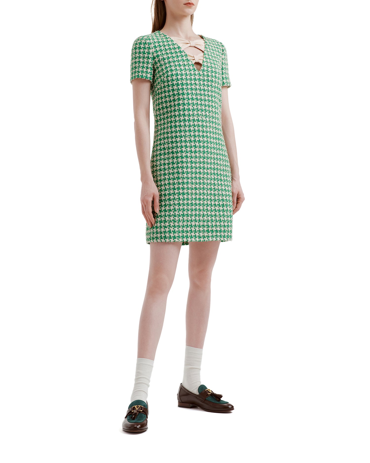 Houndstooth print bow neck dress