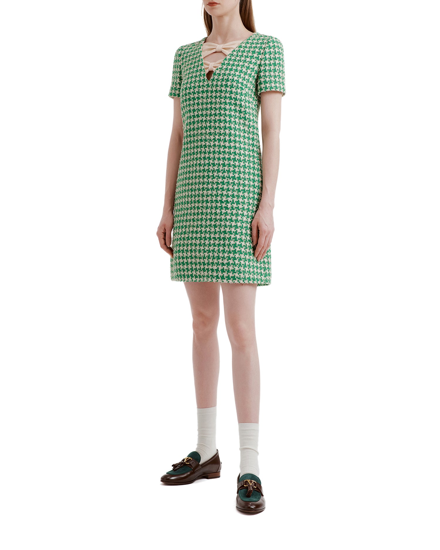 Houndstooth print bow neck dress