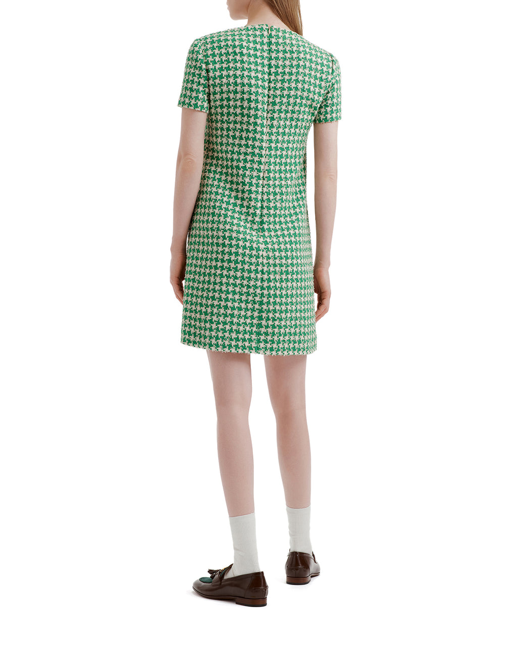 Houndstooth print bow neck dress
