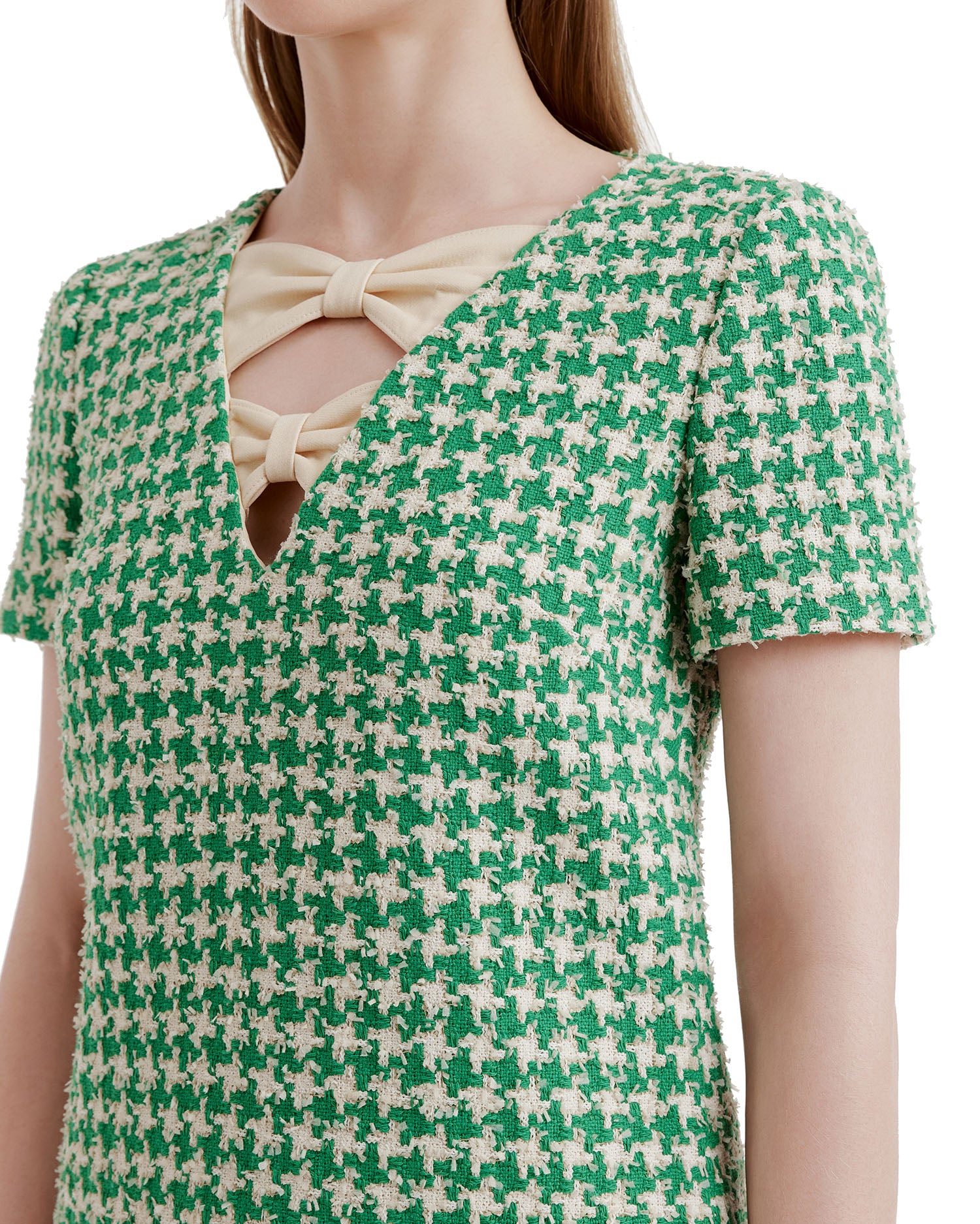 Houndstooth print bow neck dress