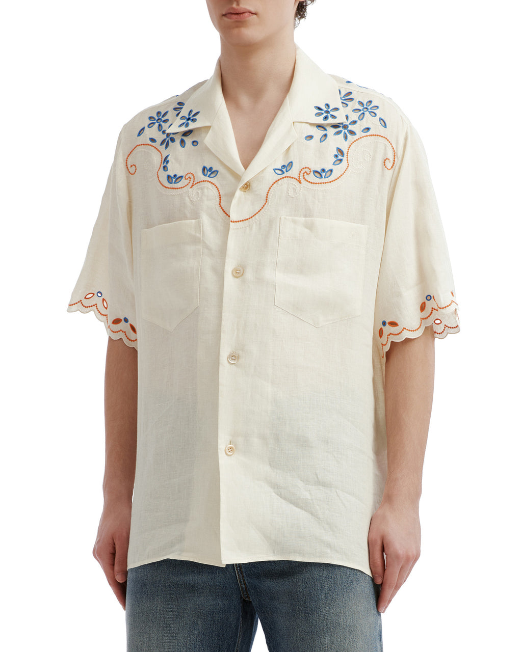 Embroidered camp collar shirt