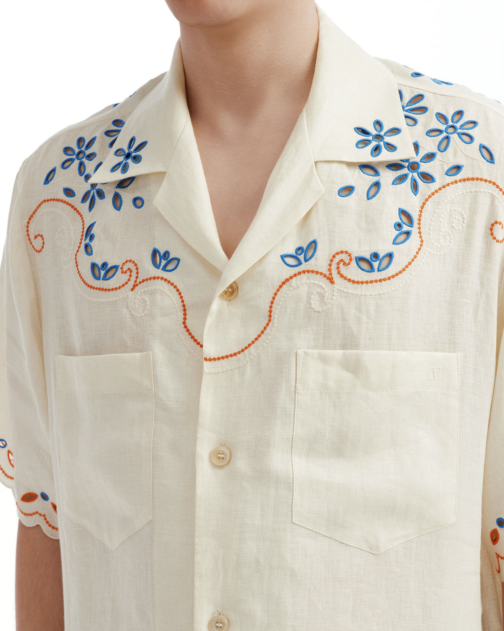 Embroidered camp collar shirt