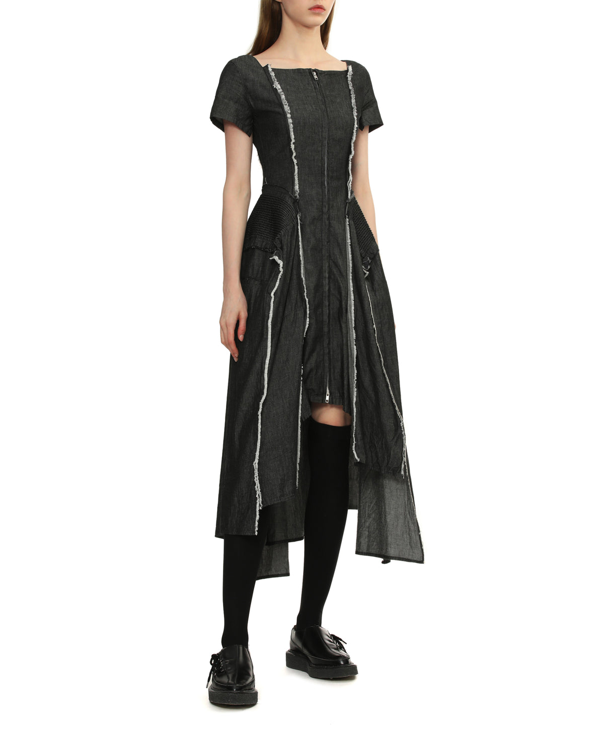 Distressed asymmetric midi dress